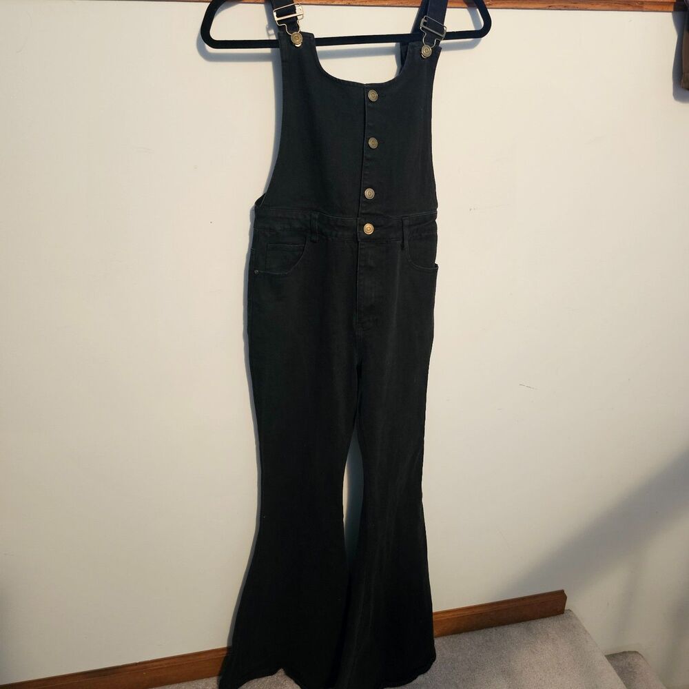 Women's Black Bib Overalls Extreme Flare Bellbottoms Button Front Small